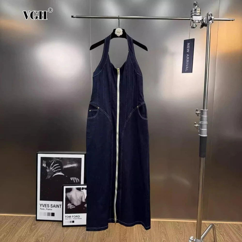 

VGH American Hot Girl Spliced Zipper Denim Dresses for Women Halter Sleeveless High Waist Backless Sexy Midi Dress Female Summer