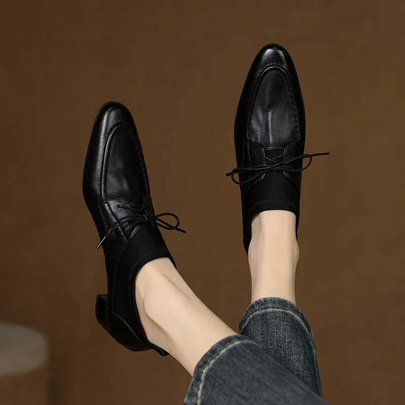 

2025 new spring autumn women pumps natural leather 22-24.5cm Cowhide+pigskin square toe loafers lace up women shoes