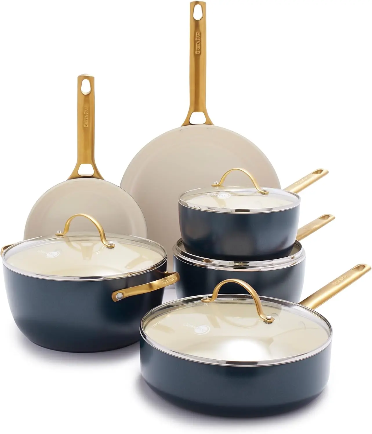 

Hard Anodized Healthy Ceramic Nonstick 10 Piece Cookware Pots and Pans Set, Gold-Tone Stainless Steel Handles, PFAS & PFOA-Free