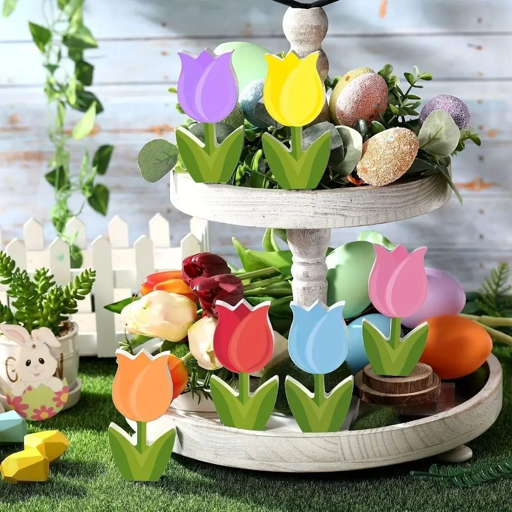 

6Pcs Double-Sided Tulip Layered Tray Decoration Candy Color Faux Wood Tulip Ornament Set Multi-Seasonal Cartoon