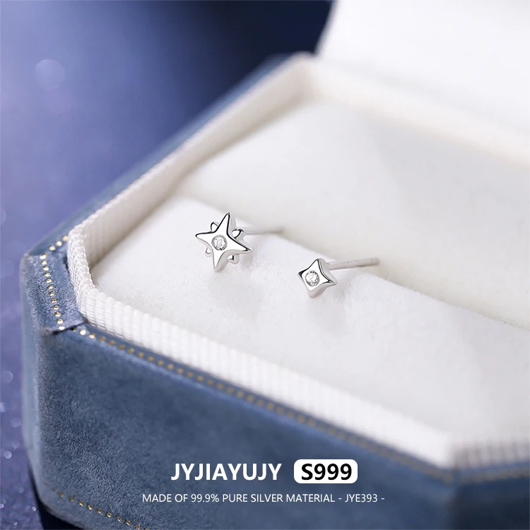 

JYJIAYUJY 100% Whole Original Pure Silver S999 Stud Earrings In Stock Four Pointed Zircon Fashion Jewelry Gift Daily JYE393