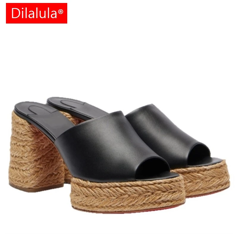 

Dilalula 2026 Fashion Straw Weave Heels Mules Women Peep Toe High Thick Heels Comfort Slippers Lady Summer Party Dress Shoes