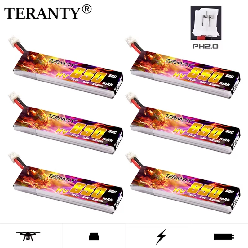 1-10PCS TERANTY 1S 850mAh 3,8V 80C/160C HV 4,35V Leichtgewichtige Lipo-Batterie mit langer Flugzeit und PH2.0-Stecker für FPV-Drohne