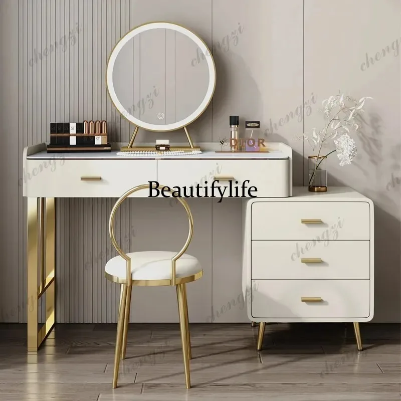 F181 Luxury Light Vanity Desk Economic Compact Cream Fluted Seat Mirror Dressing Table Cabinet Lounges Coiffeuse De Chambre