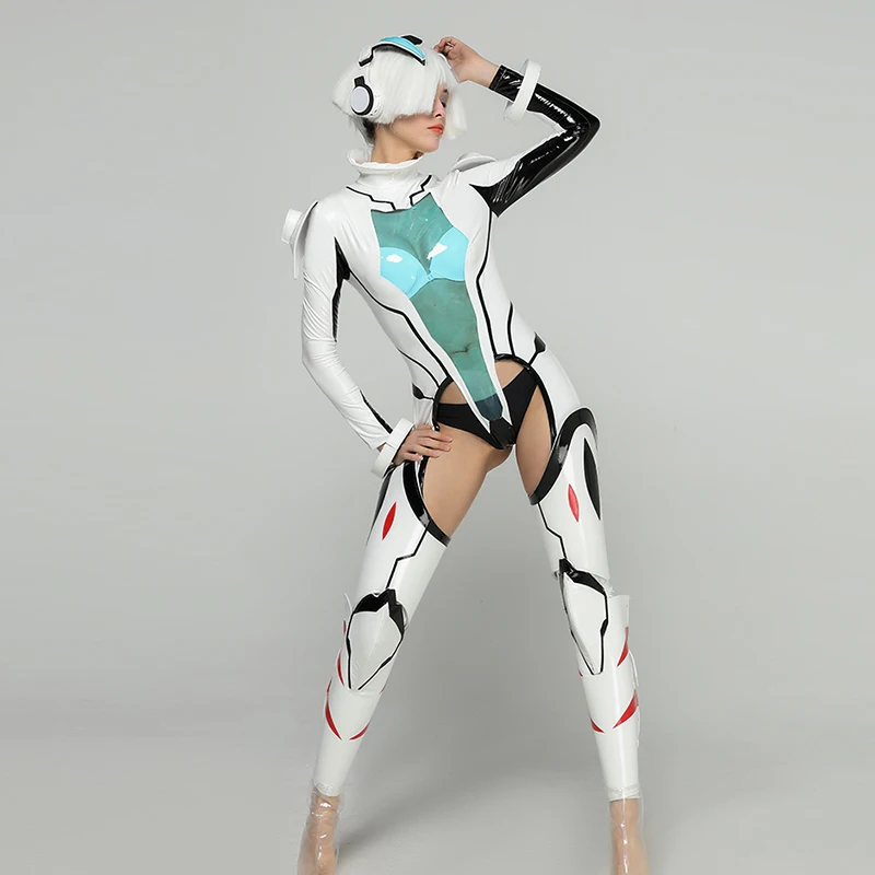 Auf Lager Future Sense Gogo Dance Kleidung Pu Leder Aushöhlen Overall Party Festival Rave Outfit Sänger Bühne Kostüm yj844