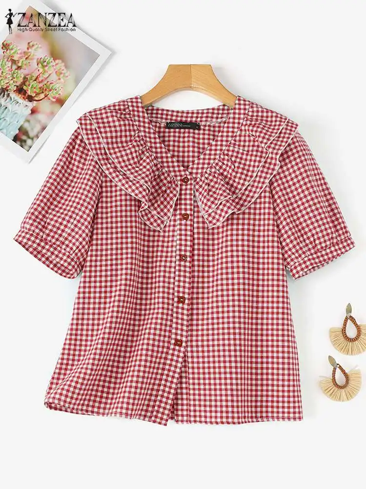 ZANZEA Summer Short Sleeve Ruffles Hem Shirt Women Fashion Plaid Checked Blouse Vintage Party Holiday Blusas Casual Tunic Tops