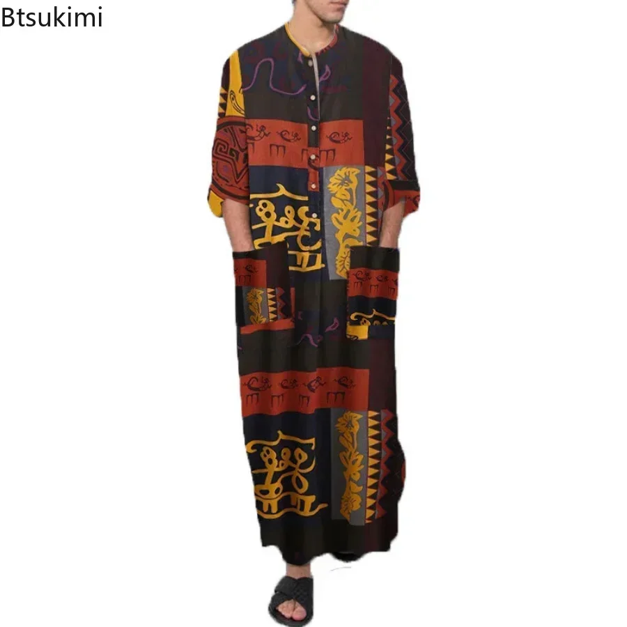 Mannen Nachtjapon Gewaden Arabisch Gestreept Shirt Etnische Kleding Lange Mouwen Retro Kimono Huis Rok Katoenen Badjas Lingerie S-5XL