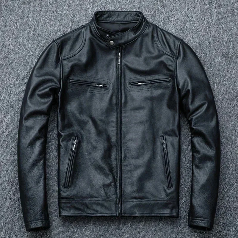 Spring Motorcycle Genuine Leather Jacket Men Cowhide Slim Short Coat Motor Biker Racer Natural Calf Skin Clothes Size S-5XL