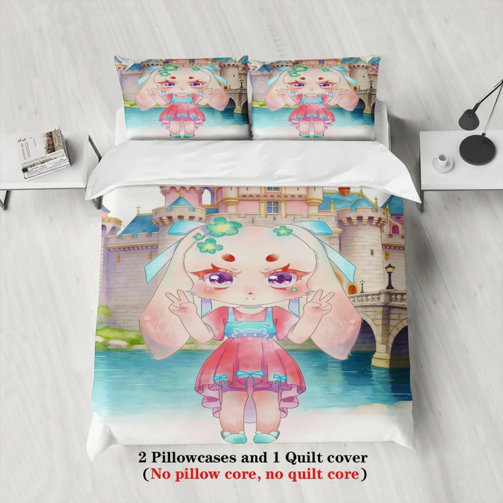 Softville Cozy Town 3PCS Bedding Sets Lop RabbitMaking Peace Signs Printed Duvet Cover No filling Cartoon Style Queen King Size