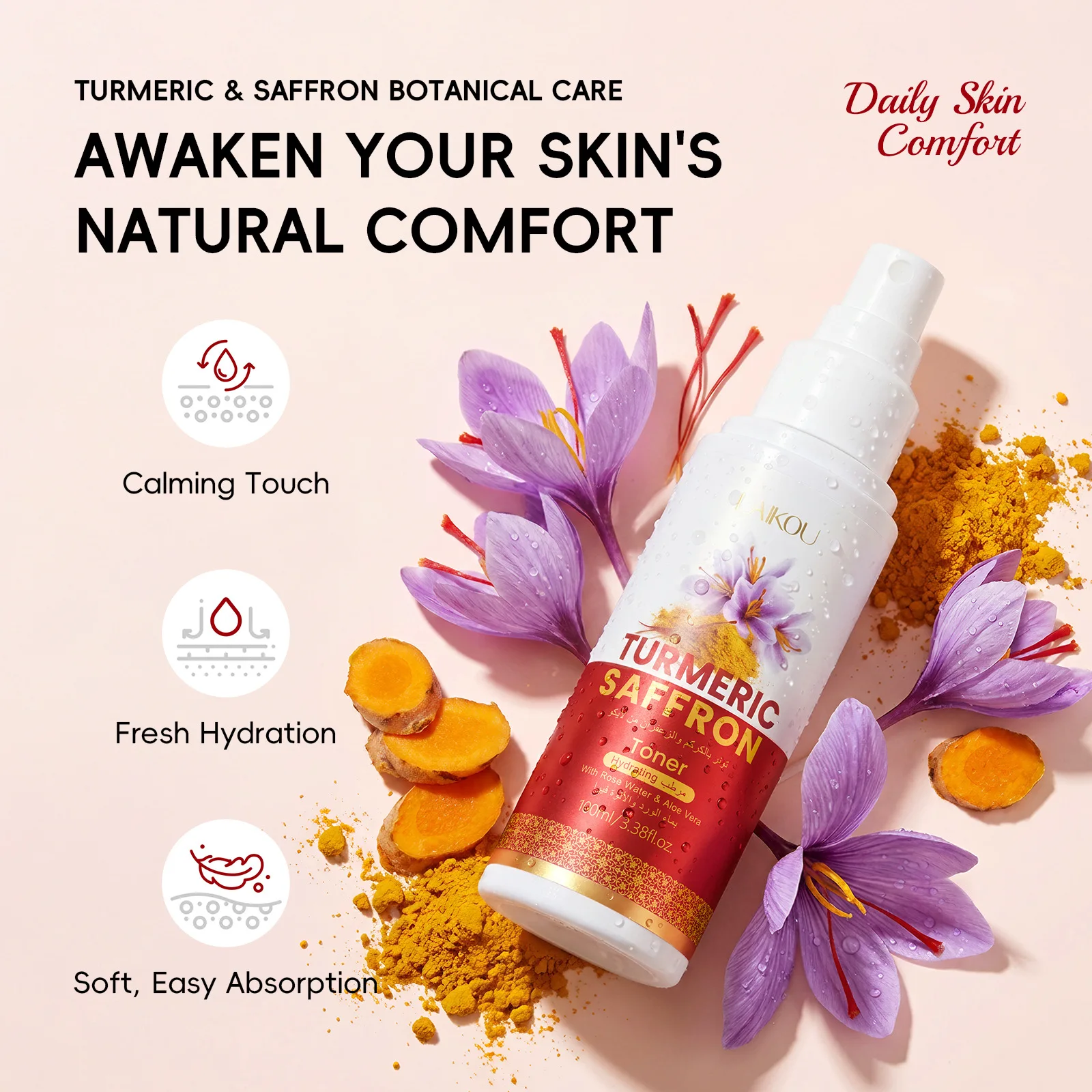 

LAIKOU Turmeric & Saffron Toner 100ml Glowing Skin Moisturizing Essence Water Face Mist Anti-Oxidant Brightening Mist Hydrating