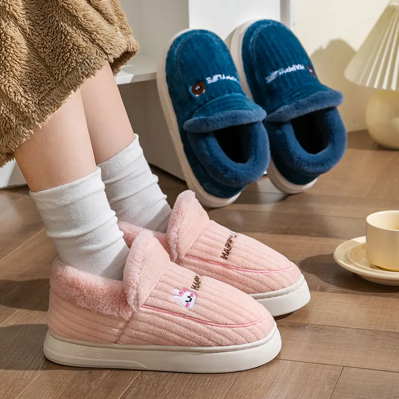 Winter Warm Slippers Women Men Cute Bear Full Heel Cover Furry Booties Corduroy Thick Platform Cotton Shoes Indoor House Slipper