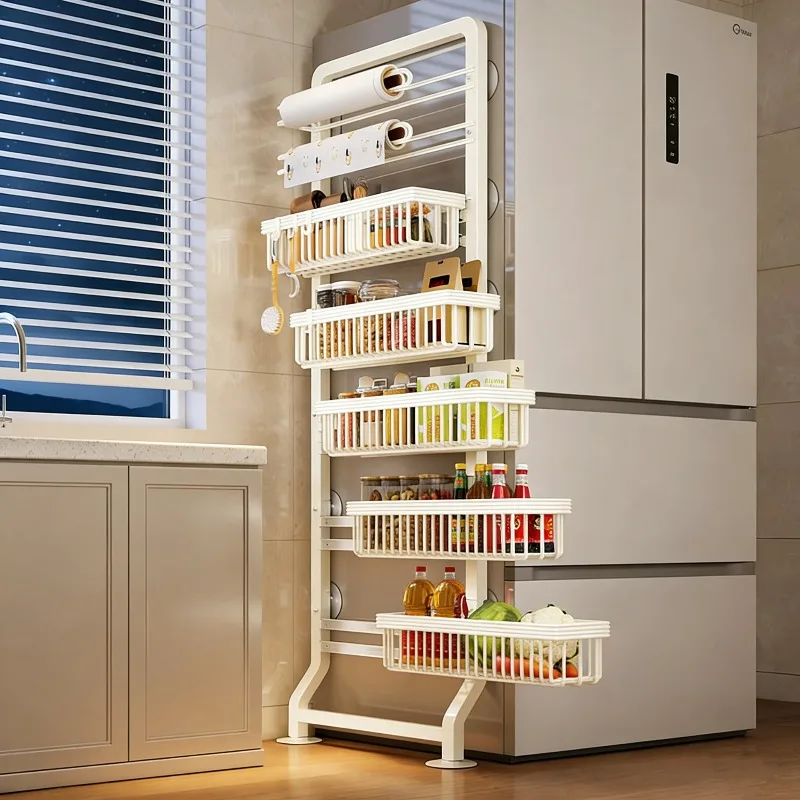 

Refrigerator side storage rack, kitchen, bathroom door, no punching and clamping on the wall, very narrow side against
