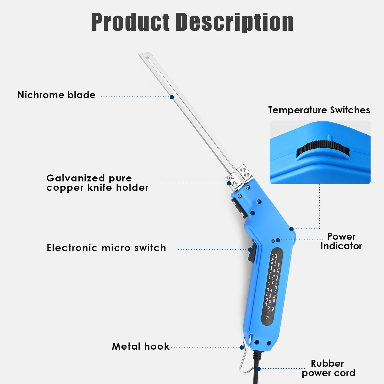 Cuchillo eléctrico caliente de 250W, cortador de espuma de 0-600 °C con 2 cuchillas de nicromo, adecuado para cuerda de tela de poliestireno