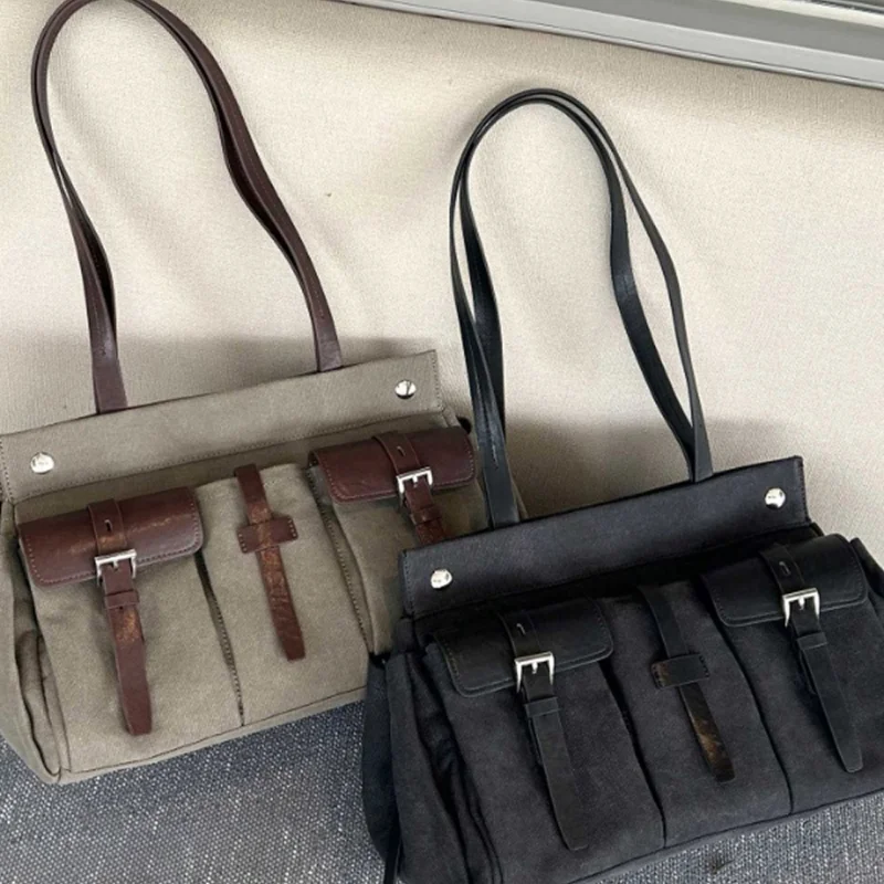 Vintage Canvas Splicing Leather Shoulder Bag Multi‑pocket Buckle Decor Large Capacity Handbag Casual Work Commuter Tote Bag