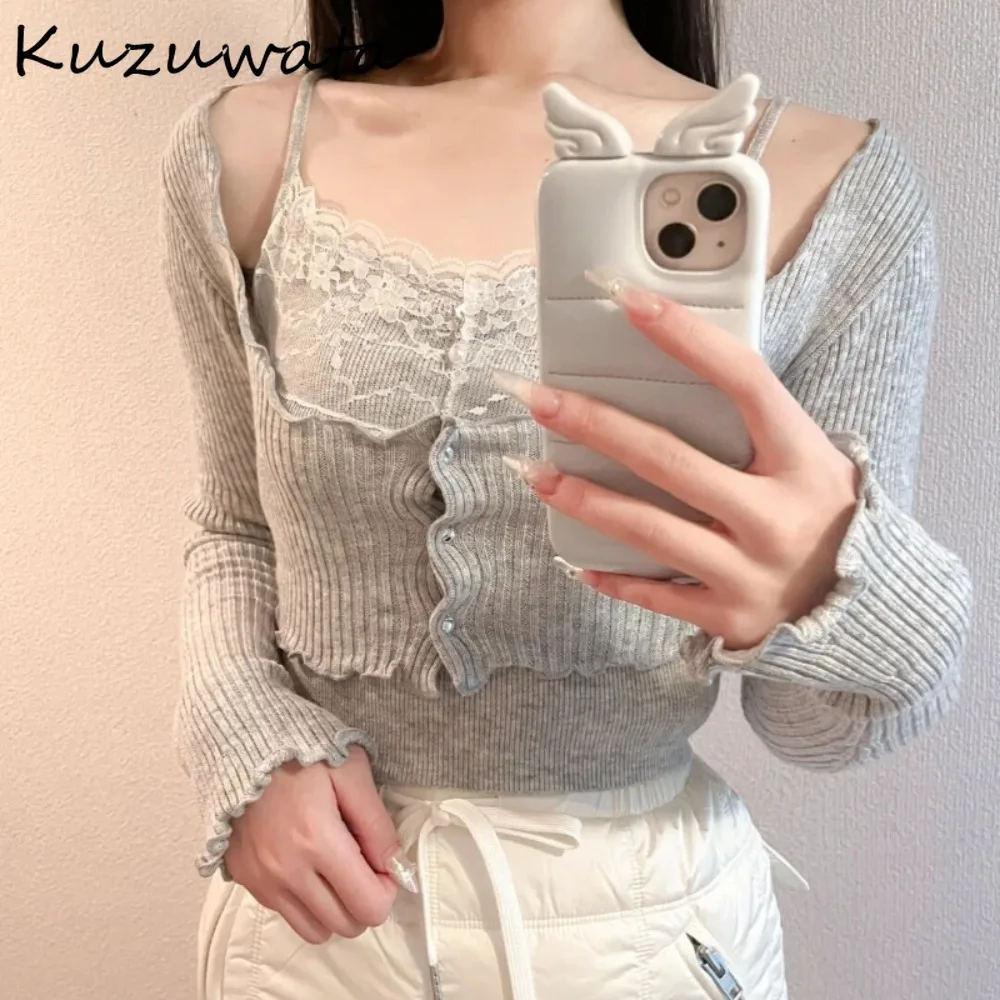 Kuzuwata New Sweet Lace Patchwork Sets Sling Sweaters U Neck Slim All-match Sexy Jumper Japan Short Small Fellow Suit Knitted