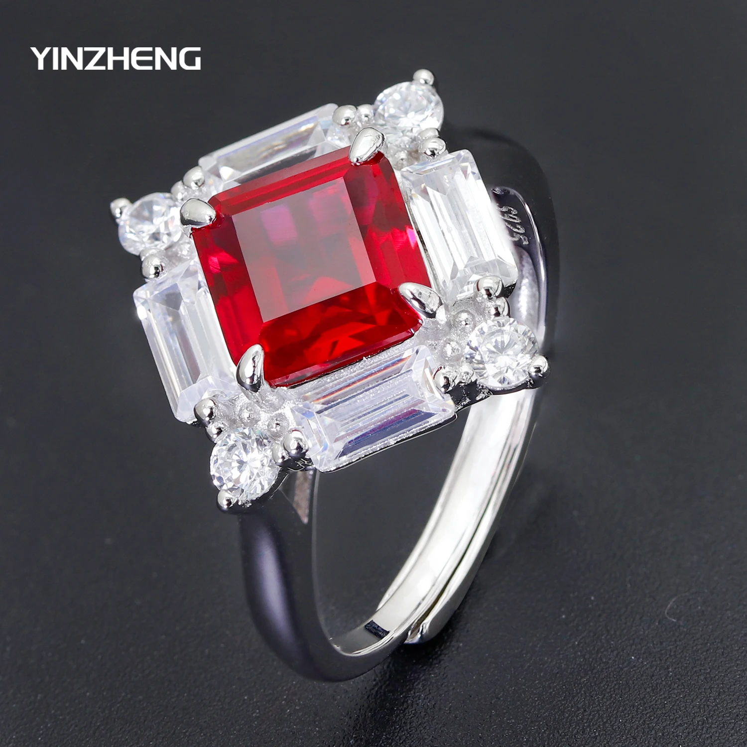 

YinZheng S925 Sterling Silver Inlaid Square Ruby Ring Exquisite Jewelry in Retro style Luxurious Birthday Party Gift for Women