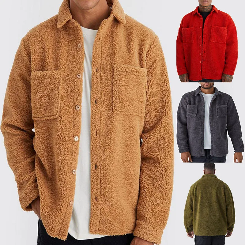 Loose casual multi-color button lapel solid color cardigan jacket men's plush jacket