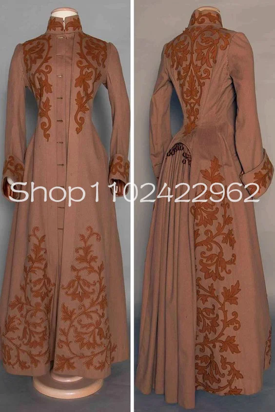 Appliquéd Wool Bustle Prom Dresses with Long Sleeve 1888 Cocoa Brown High Neck History Walking Suit Evening Gown outfit