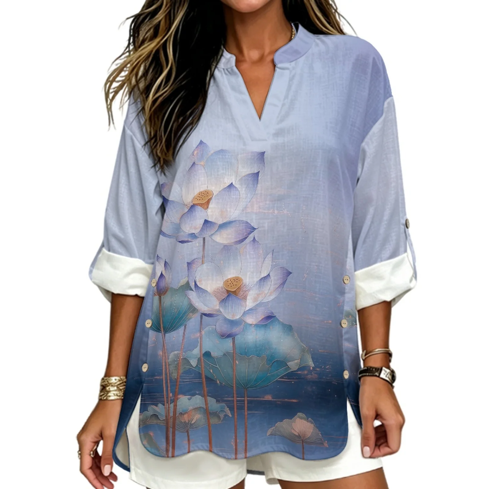PENSTROLL Blue Lotus Flower V Neck Loose Fit Tunic Top, Linen Like Rolled Cuffed Tunic Tops Sizes S-5XL for Workout Outdoor Wear