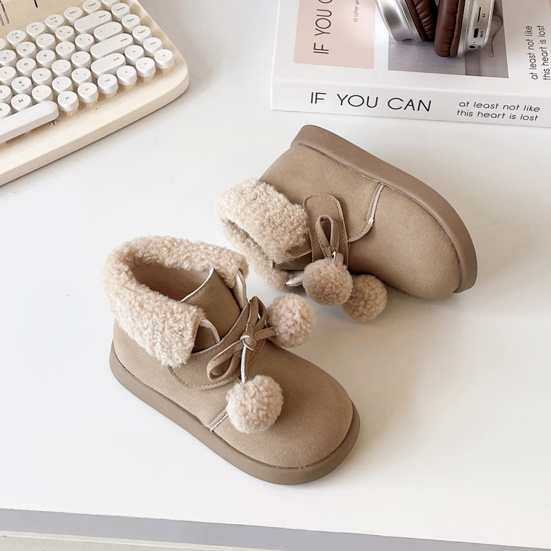 

New Elegant Children's Winter Cotton Boots Cute Hairball Girl's Warm Fashion Boot Ankle Versatile Kids Snow Boot Soft Round-toe