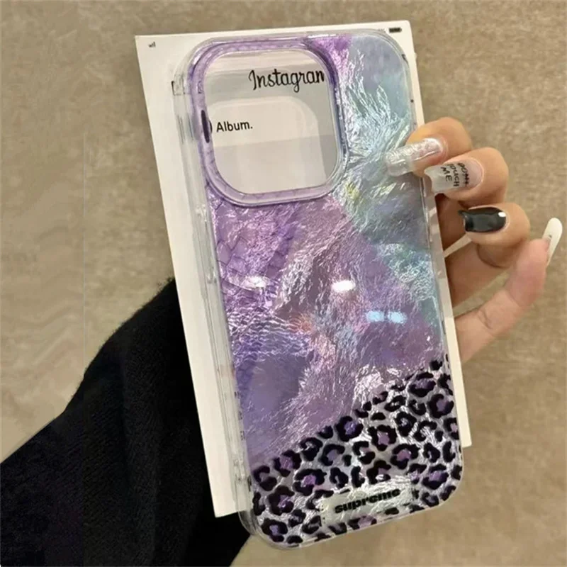 Creative INS Purple Splicing Leopard Checkers Phone Case for Samsung Galaxy S25 S24 S23 S22 S21 FE Ultra Plus 4G 5G Back Cover