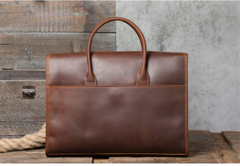 business vintage simple crazy horse cowhide men\'s briefcase daily waterproof laptop handbag genuine leather work shoulder bags