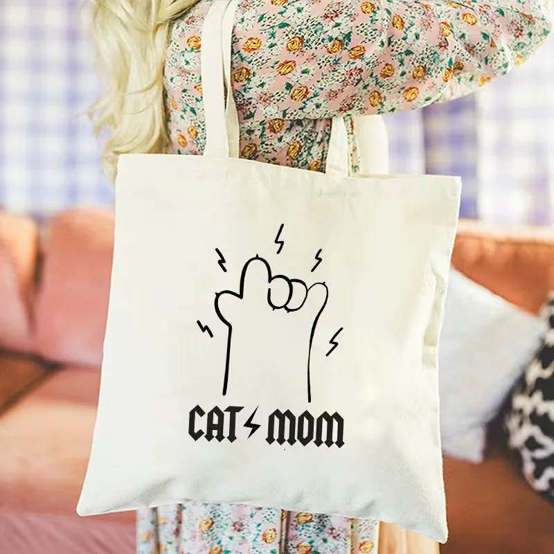 Cat Mom Rock Hand Gesture Line Art Canvas Tote Bag Cat Lover Reusable Shoulder Handbag Lightweight For Daily Casual