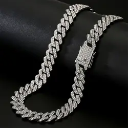 Hip Hop Shiny 14MM Cuban link Chain Necklace Women Men Silver Color Rhinestone Iced Out Cuban Chain Punk Jewelry Necklace Gift