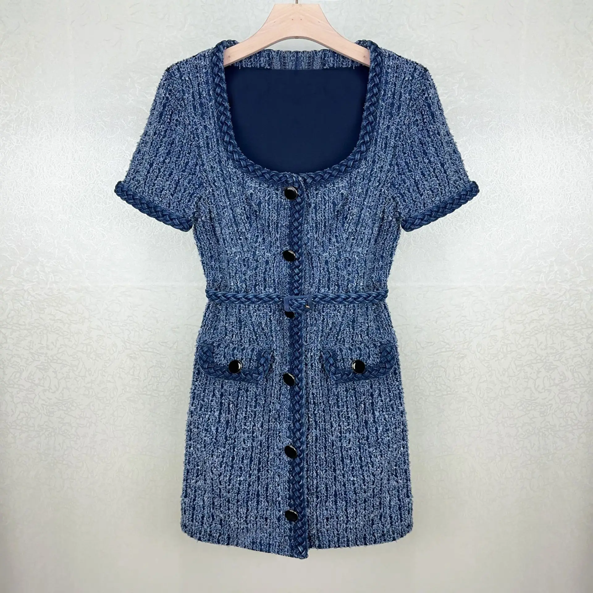 

Women Blue Tweed Dress Short Sleeve Square Collar High Waist Vintage Autumn 2024 Mini Robe with Belt