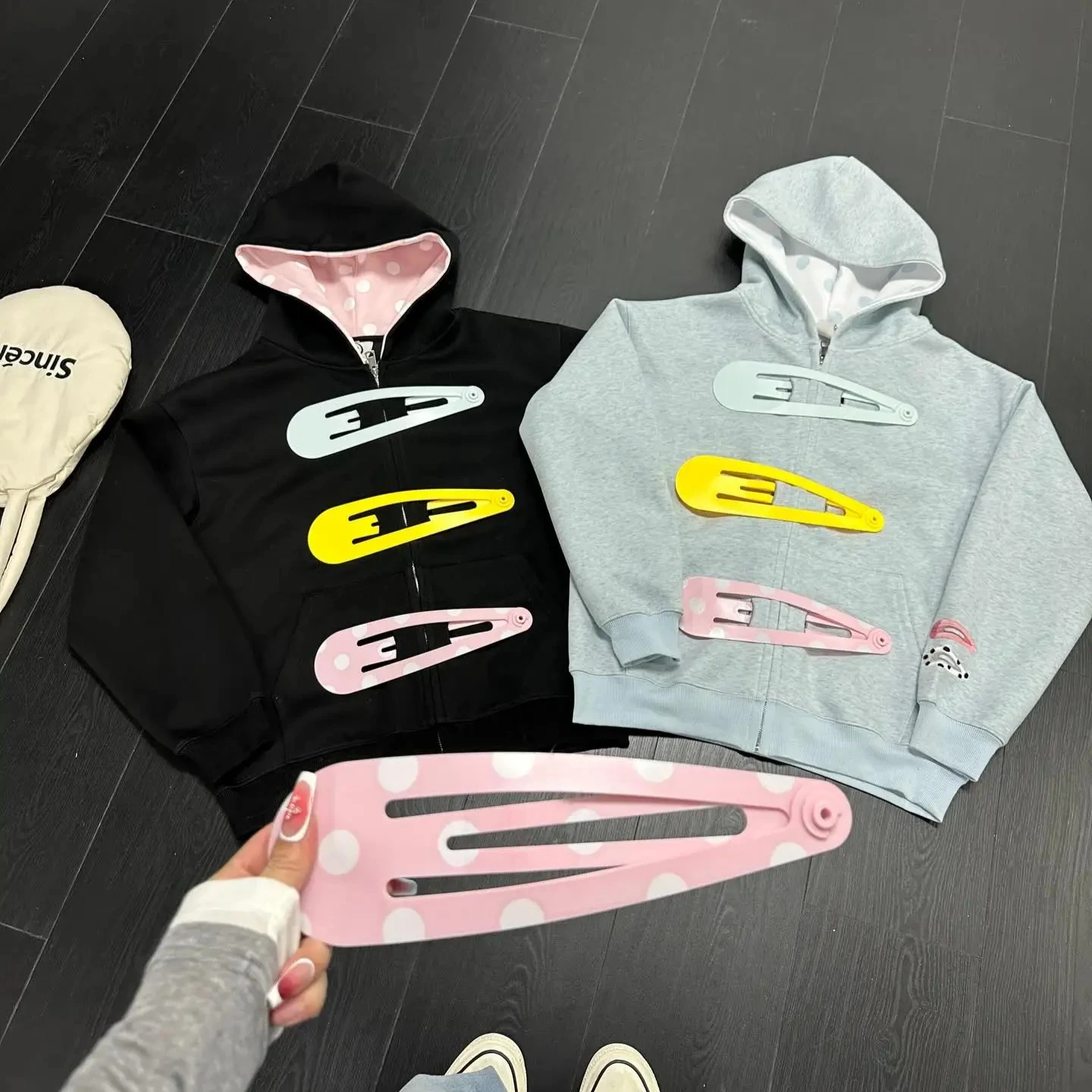 Hot Sell Fun Detachable Hairpin Sweatshirt Sweet Zipper Jacket Polka Dot Splicing Hooded Sweatshirt Punk Sweatshirts Jacket