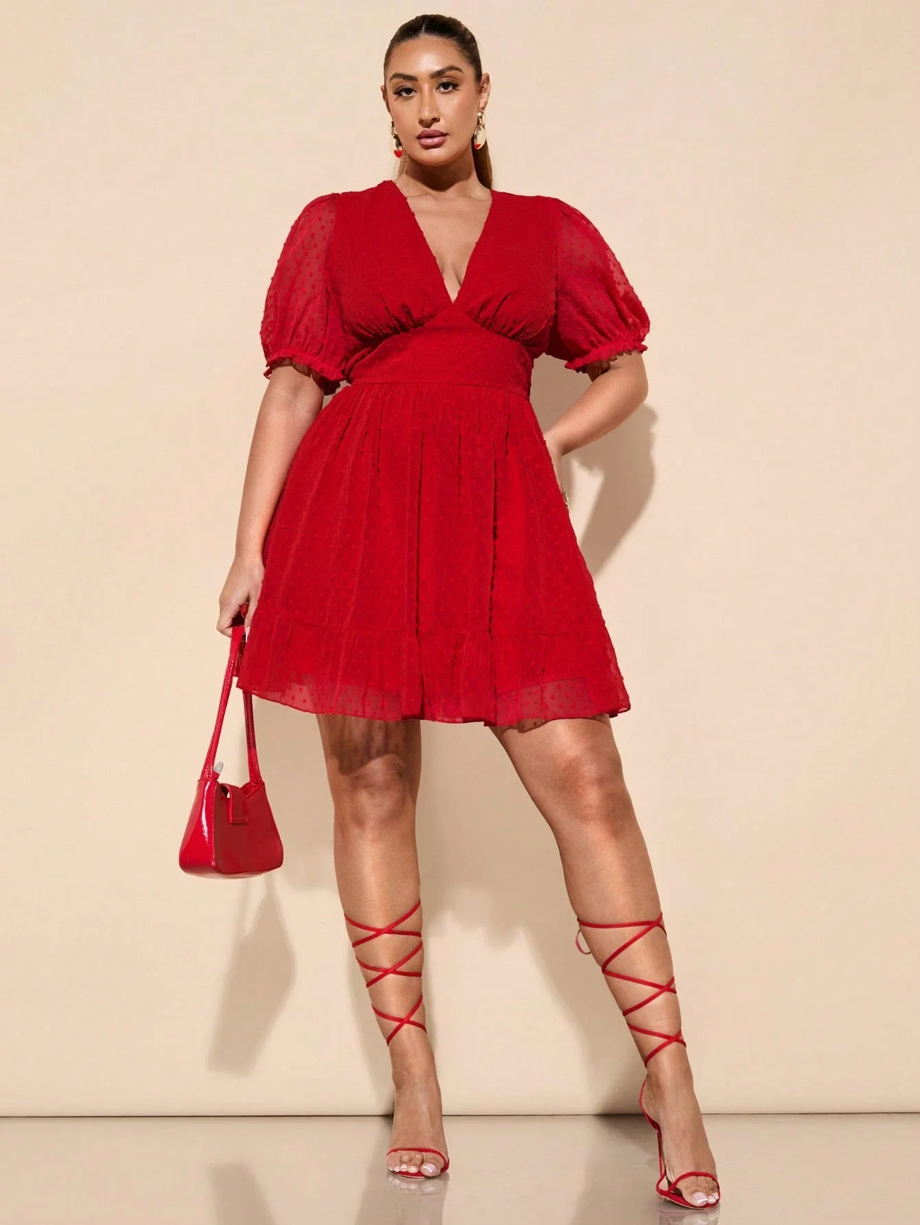 

Red Puff Sleeve V-Neck A-Line Mini Dress With Polka Dot Chiffon Fabric For Women