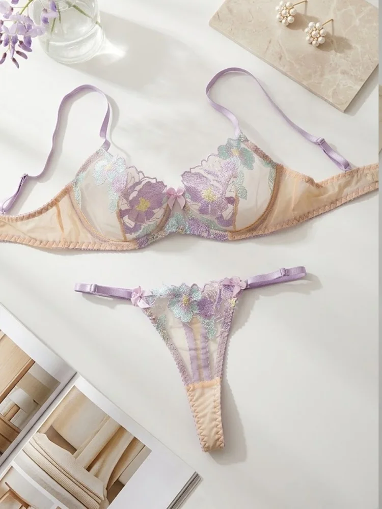 French Ultrathin Lingerie Set Sheer Mesh Sexy Women's Underwear Romantic Floral Embroidery Three-Point Intimate Bra Panty Set