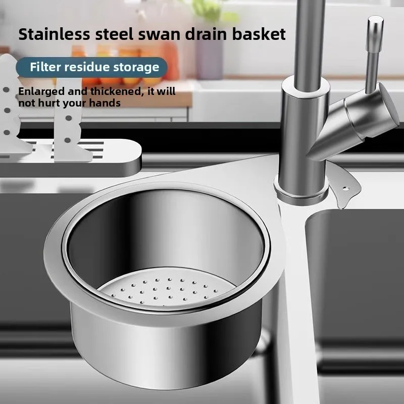 Stainless Steel Swan-Shaped Kitchen Sink Litter Strainer Basket Corner Filter Drain Rack with Hooks for Household Use
