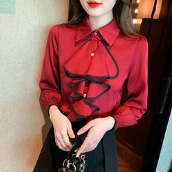 Vintage Chiffon Ruffles Patchwork Shirt Tops Loose Solid All-match Office Blouse Fashion Elegant Women Clothing Spring Autumn