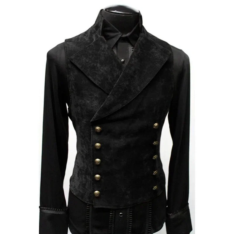 Mens Double Breasted Gothic Steampunk Velvet Vest Stand Collar Medieval Victorian Waistcoat Men Stage Cosplay Prom Costume