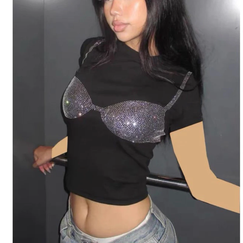 

Street Wind Diamond Shoulder Short Sleeve T-shirt Female Summer Slim Show Navel Spice Girl Y2k Short Top