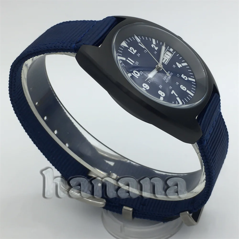 NH36 Черные часы 36/39 мм механические наручные часы с куполообразным стеклом, синий, черный, белый циферблат C3, светящийся нейлоновый браслет