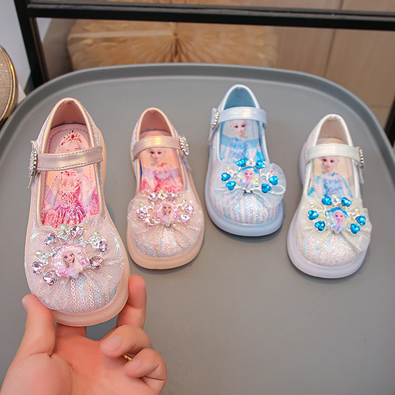 

Disney Girl's Shoes Frozen Elsa Princess Soft Sole Shoes Summer Children's Crystal Pearly Shiny Girls Pink Blue Shoes