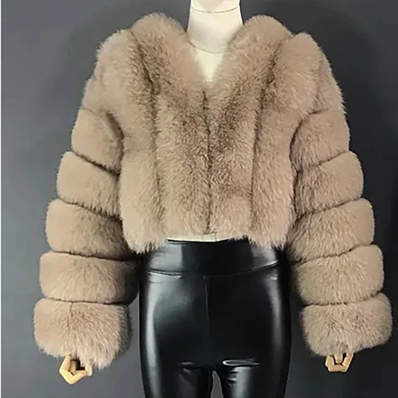 Faux Fox Fur Coat V-Neck Winter Woman Solid Long Sleeve Thick Warm Winter Short Coat Women Fashion Luxury New Fur Jacket