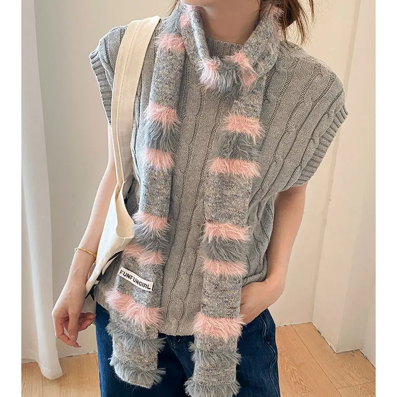 

New Colorful Long Plush Weasel Fake Cashmere Scarf Women Winter Knitted Neck Warmer Multi-Color Hijab Shawl Soft Student Wrap