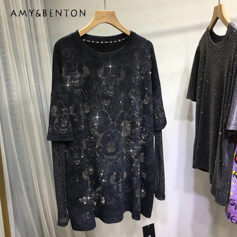 

Heavy Craft Rhinestone Embellished T-shirt Women's Light Luxury O-neck Cartoon Loose Fit Mid-length Slimming Faux Two-piece Top