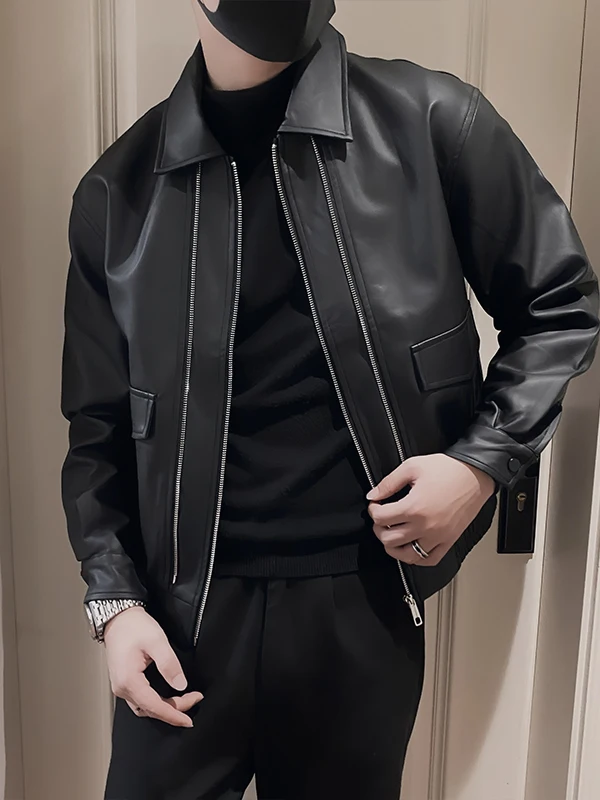 ملابس خارجية كاجوال أنيقة للرجال من الجلد طويلة Sve بياقة واقفة Sli ملابس خارجية متعددة الاستخدامات مضادة للتجاعيد ومناسبة للمراهقين