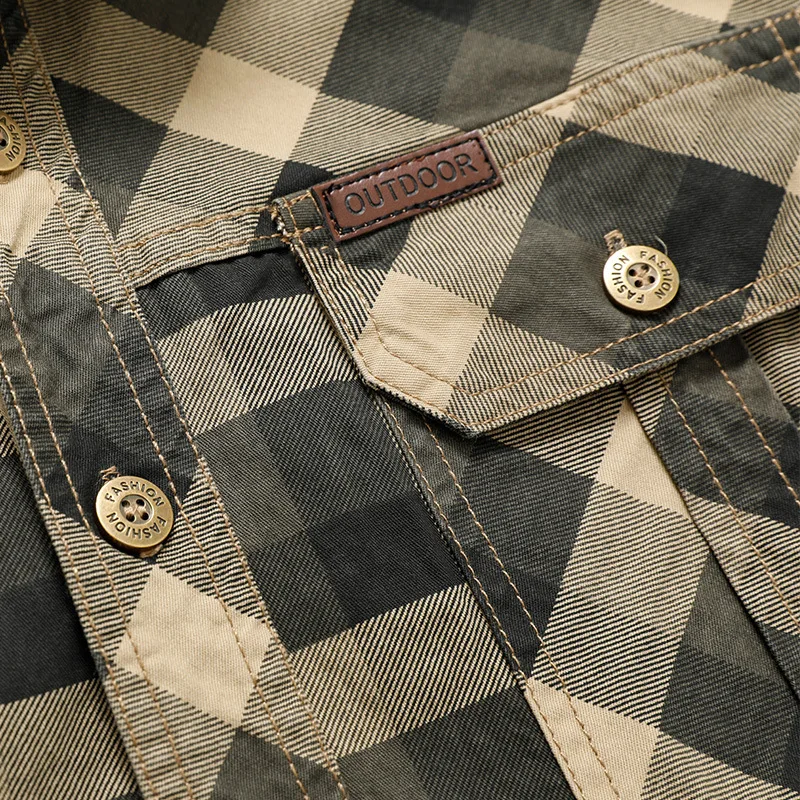 メンズ レトロ ワークウェア チェック柄シャツ 純綿 マルチポケット カジュアル ルーズ 長袖 春新作