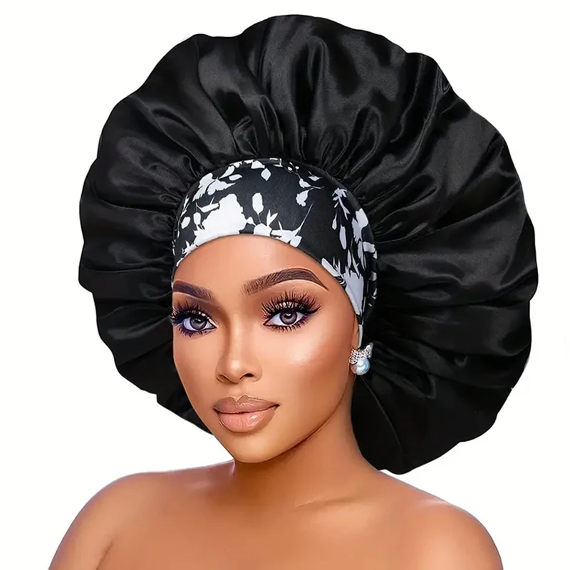 Damen Haube aus seidigem Satin für dickes Haar, Schlafhaube mit elastischem Band, afrikanische Kopfbedeckung, Blumen-Turban, Chemio-Kappen – Detail 6