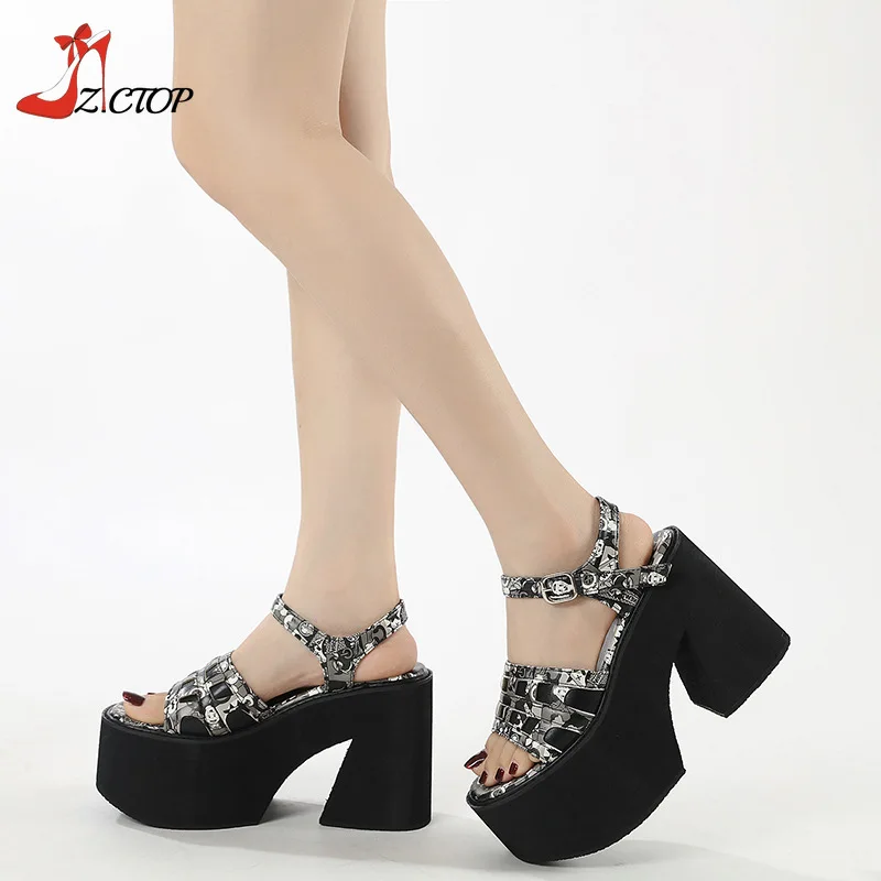 New Platform Sandals for Women Graffiti Fashion Casual Thick Bottom Shoes Summer Ankle Strap High Heeled Sandals Big Size 42 43