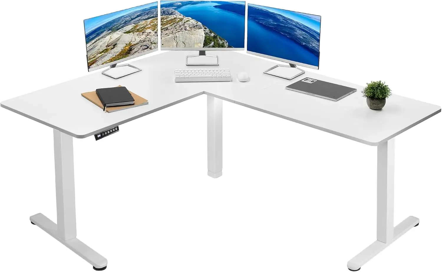 Electric Corner L-Shaped 63 x 55 inch Standing Desk, Height Adjustable, Memory Controller, White Top White Frame