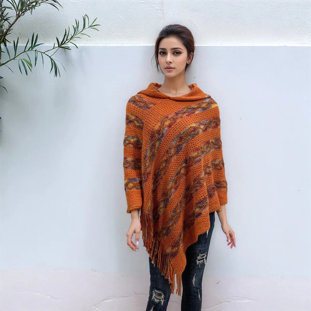 

Poncho New Colorful Striped Loose Hooded Jacquard Tassel Capelet Women's Cloak Warm Outerwear Hooded sleeveless Cape P1