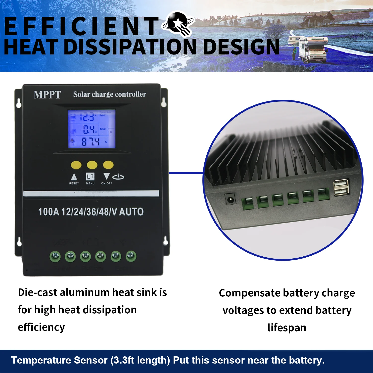 POWLSOJX MPPT Lead Acid Lithium Batteries 36V/48V Solar Charge Controller Regulator 100A/80A LCD Dual USB Quick Charger