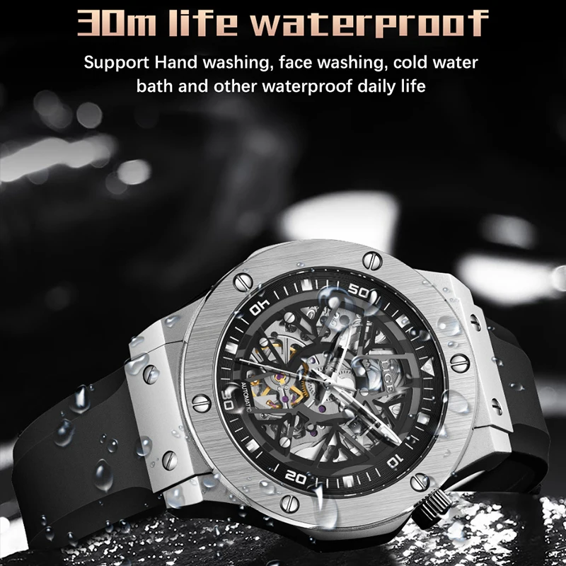 LIGE Design Hollow Out Automatic Watches for Men Fashion Luxury Silicone Mechanical Man Watch Waterproof Luminous Wristwatch+Box