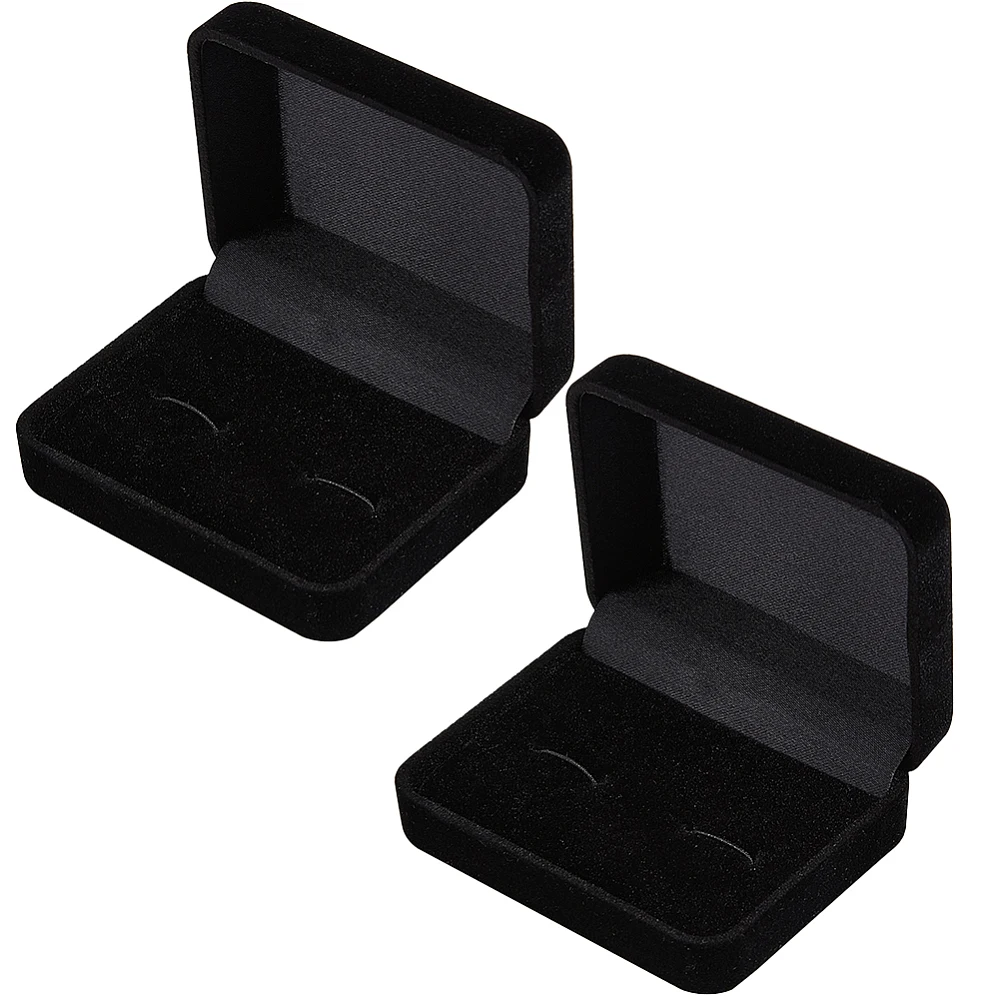 2Pcs Flocking Cufflinks Boxes Black Rectangle 3x2.4x1.2in Cuff Links Storage Box for Jewellery Display Earrings Ear Stud Tie